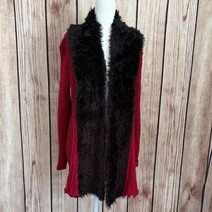 Lauren Michelle Red and Black Fuzzy Open Front Ribbed Cardigan Size Small